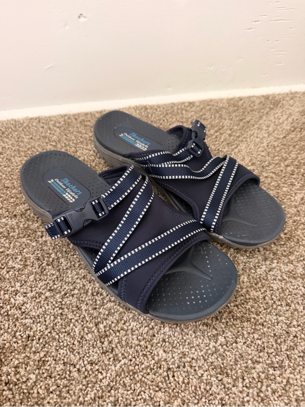 Skechers Navy and White Cross-Strap Slide Sandals